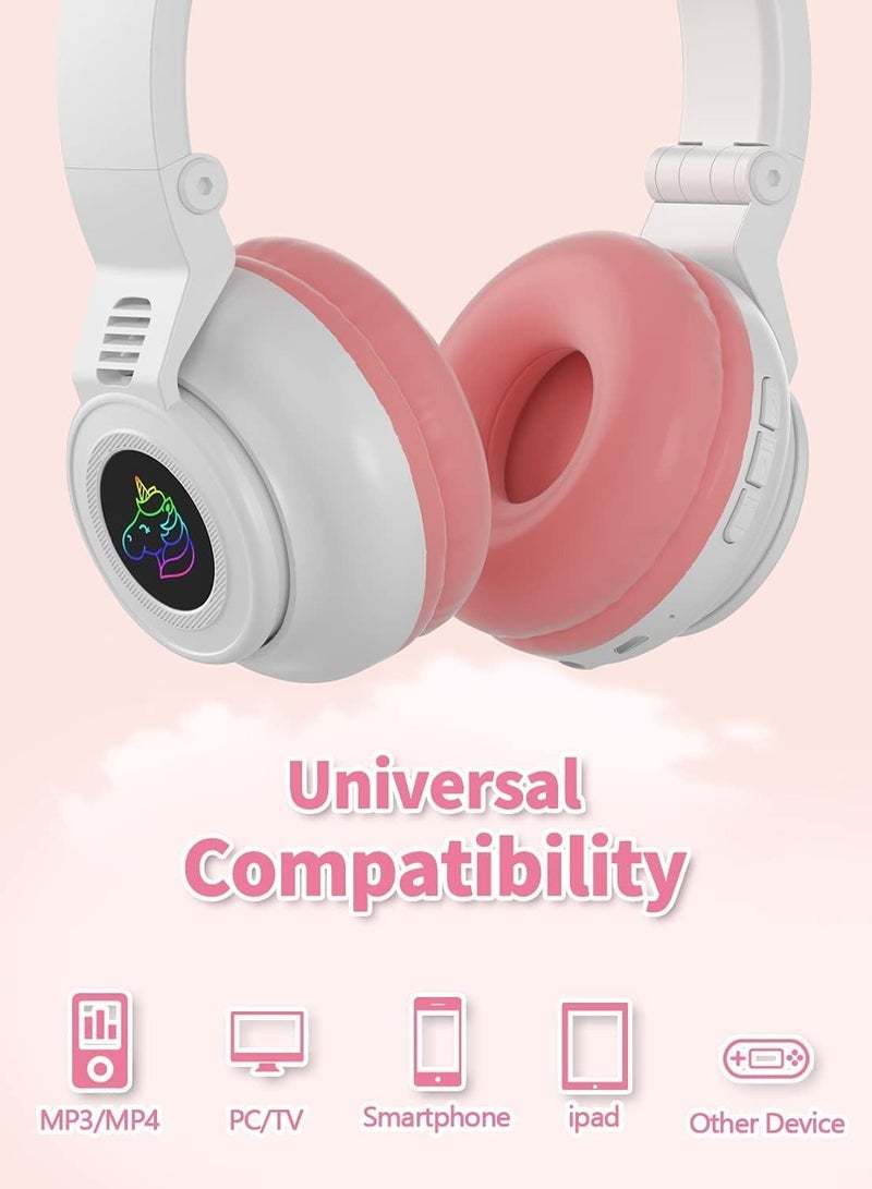 Digipace Wireless Bluetooth Headphones, Foldable Unicorn Bluetooth Headsets for Girls with LED Light and Mic, Suitable for Tablet, Pc, Birthday Gift (White+pink) - Image 4