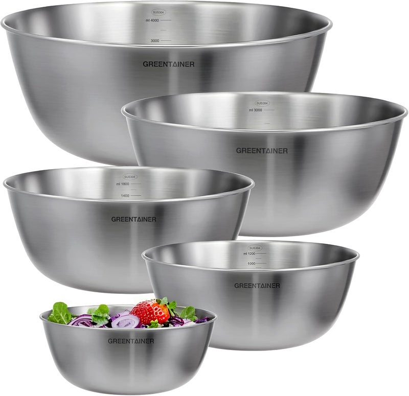 Greentainer 5-Piece Stainless Steel Mixing Bowls Set for Kitchen, Nesting Bowls for Mixing, Baking, Prepping, Cooking and Serving Food, Metal Mixing Bowls Dishwasher Safe - Image 1