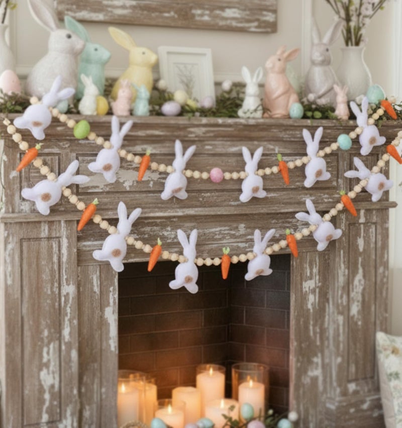 Marsui 2 Pas Easter Garland Felt Bunny Carrot Rabbit 6 Ft Wooden Beads Easter Banner Rustic Fireplace Garland Farmhouse Banner Mantel Decorations for Home Shelf Fireplace Wall Mantle Windows - Image 2