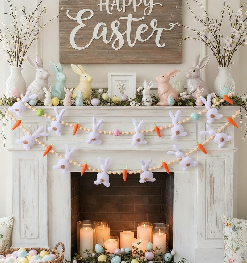 Marsui 2 Pas Easter Garland Felt Bunny Carrot Rabbit 6 Ft Wooden Beads Easter Banner Rustic Fireplace Garland Farmhouse Banner Mantel Decorations for Home Shelf Fireplace Wall Mantle Windows - Image 4