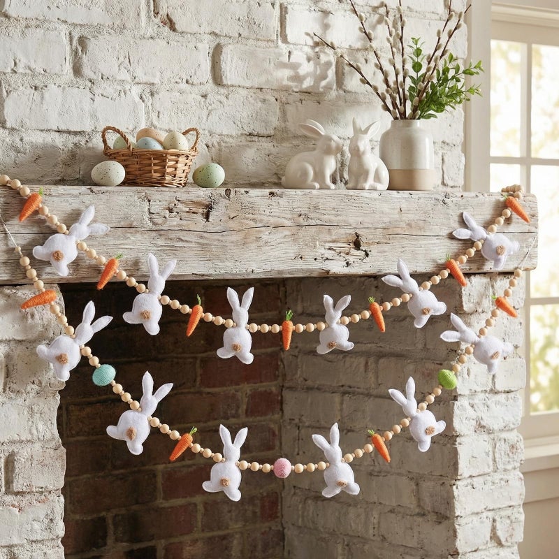 Marsui 2 Pas Easter Garland Felt Bunny Carrot Rabbit 6 Ft Wooden Beads Easter Banner Rustic Fireplace Garland Farmhouse Banner Mantel Decorations for Home Shelf Fireplace Wall Mantle Windows - Image 1