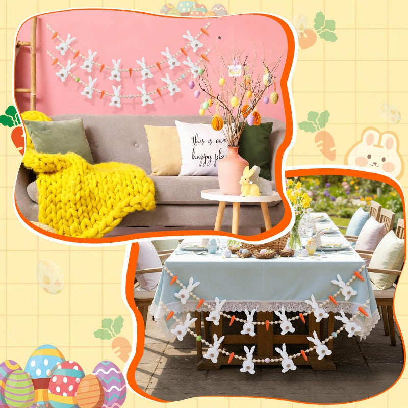 Marsui 2 Pas Easter Garland Felt Bunny Carrot Rabbit 6 Ft Wooden Beads Easter Banner Rustic Fireplace Garland Farmhouse Banner Mantel Decorations for Home Shelf Fireplace Wall Mantle Windows - Image 5