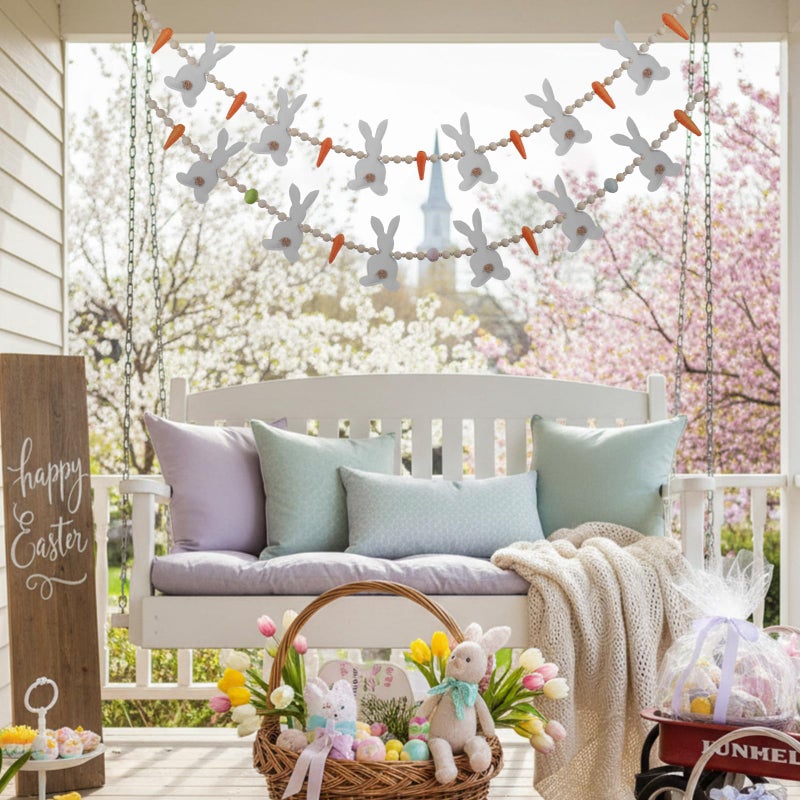 Marsui 2 Pas Easter Garland Felt Bunny Carrot Rabbit 6 Ft Wooden Beads Easter Banner Rustic Fireplace Garland Farmhouse Banner Mantel Decorations for Home Shelf Fireplace Wall Mantle Windows - Image 3