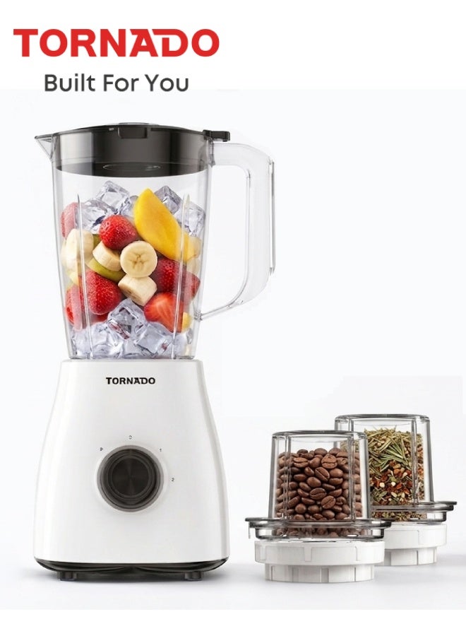 TORNADO 1.5L Plastic Jar Blender, 500W Motor with 2 Speeds & Pulse, Includes 2 Grinding Mills, Jug Lock & Measuring Cup - White TBL9008CA-CB