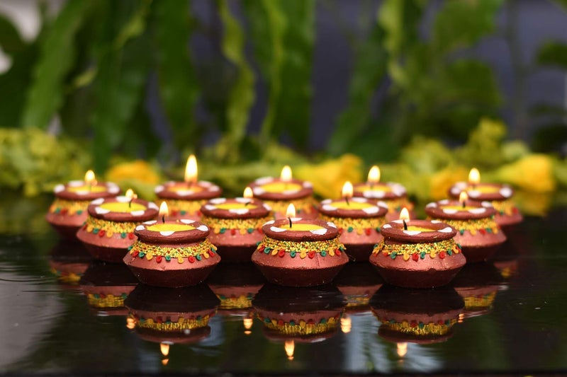 Collectible India Collectible India Matki Candles Diwali Decoration Set Terracotta Handpainted Diwali Diyas Candles Tealight Stand for Home Diwali Decorations Items and Diwali Gifts Set of 36  - Image 2
