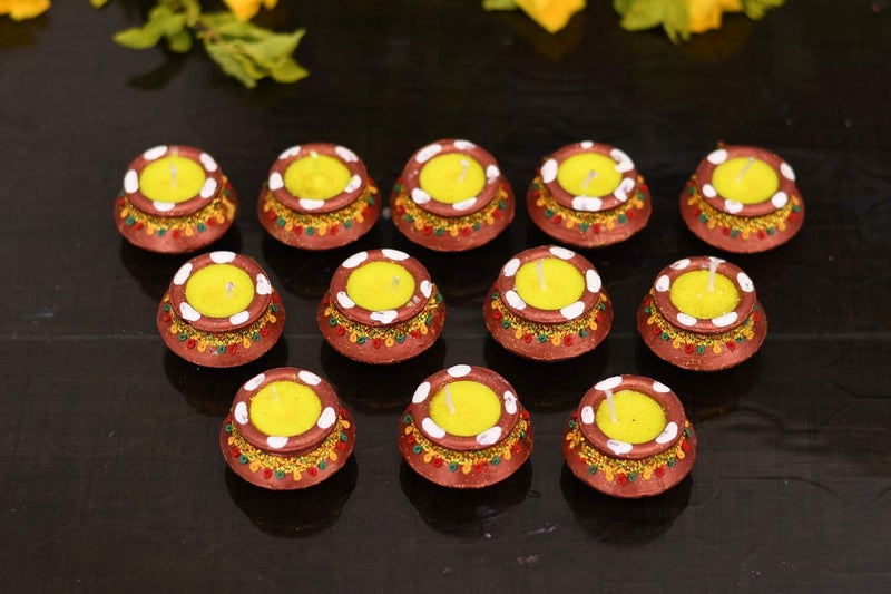 Collectible India Collectible India Matki Candles Diwali Decoration Set Terracotta Handpainted Diwali Diyas Candles Tealight Stand for Home Diwali Decorations Items and Diwali Gifts Set of 36  - Image 1