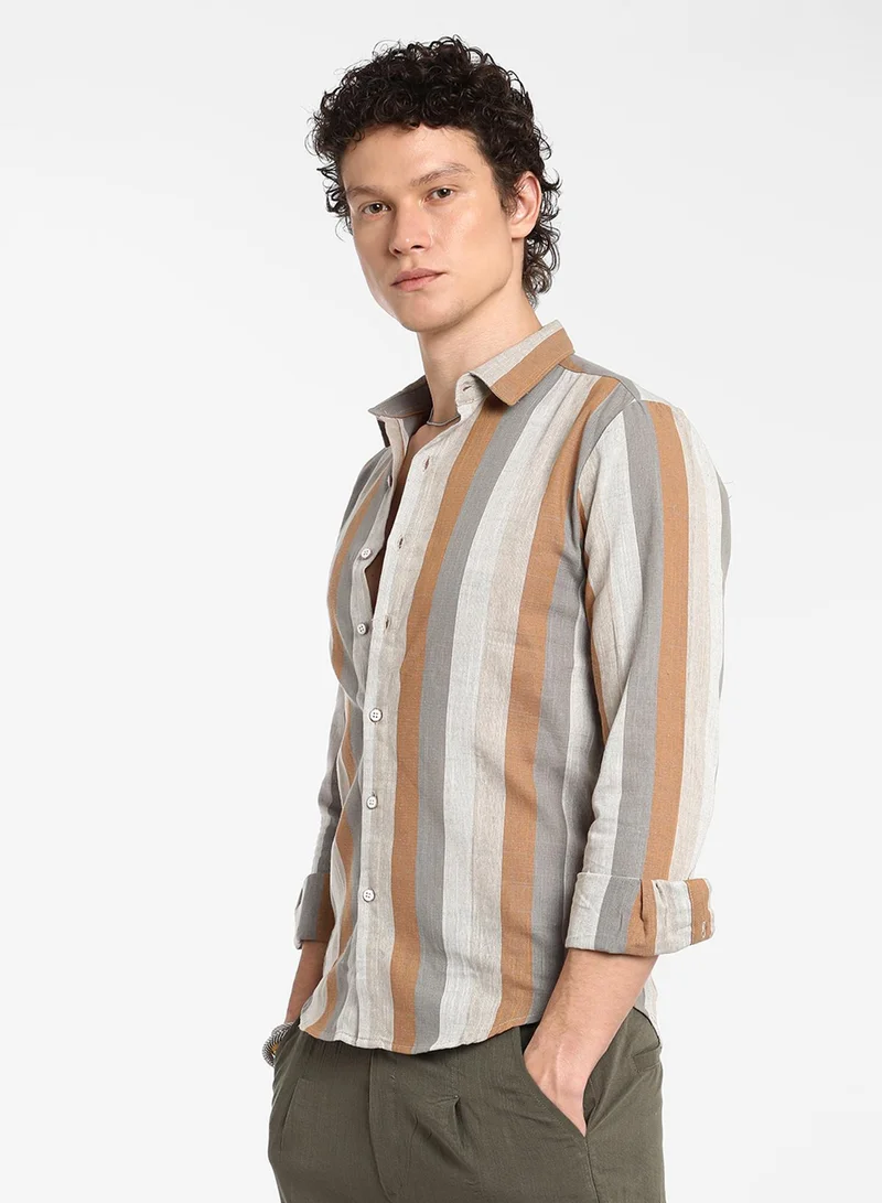 Campus Sutra Men's Copper Brown & Peanut Brown Block-Striped Shirt