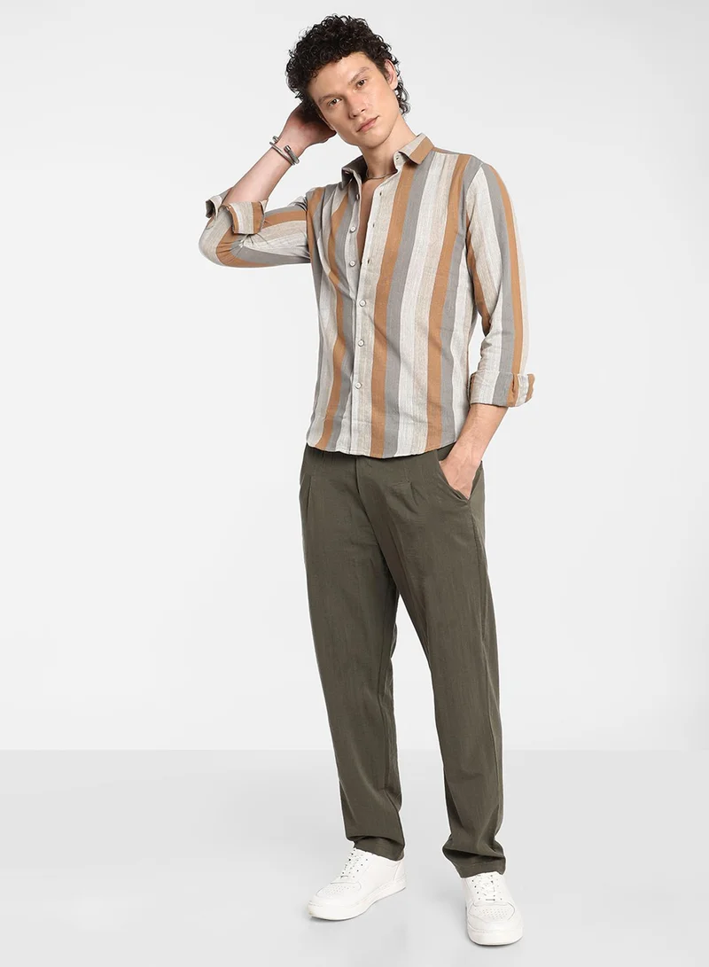 Campus Sutra Men's Copper Brown & Peanut Brown Block-Striped Shirt