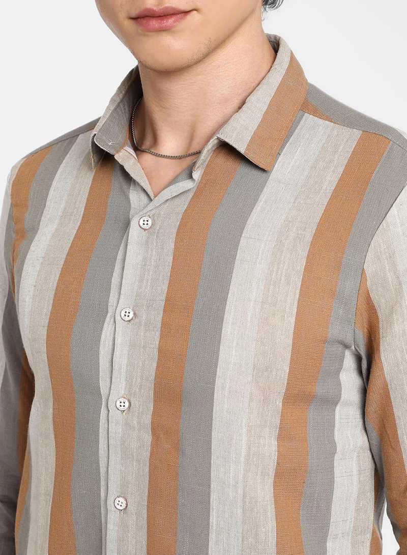 Campus Sutra Men's Copper Brown & Peanut Brown Block-Striped Shirt