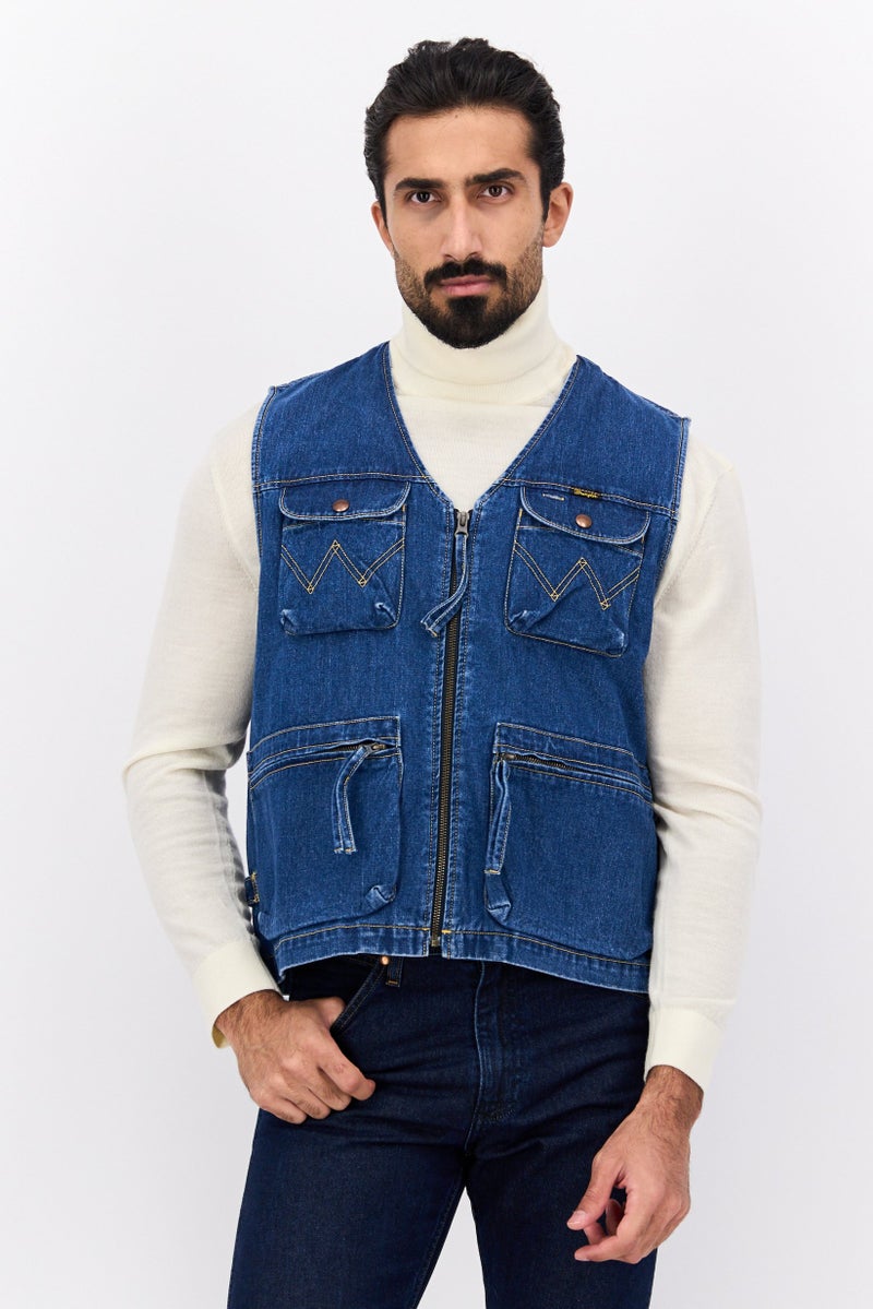 Wrangler Men Full Zip Washed Vest, Denim - Image 1