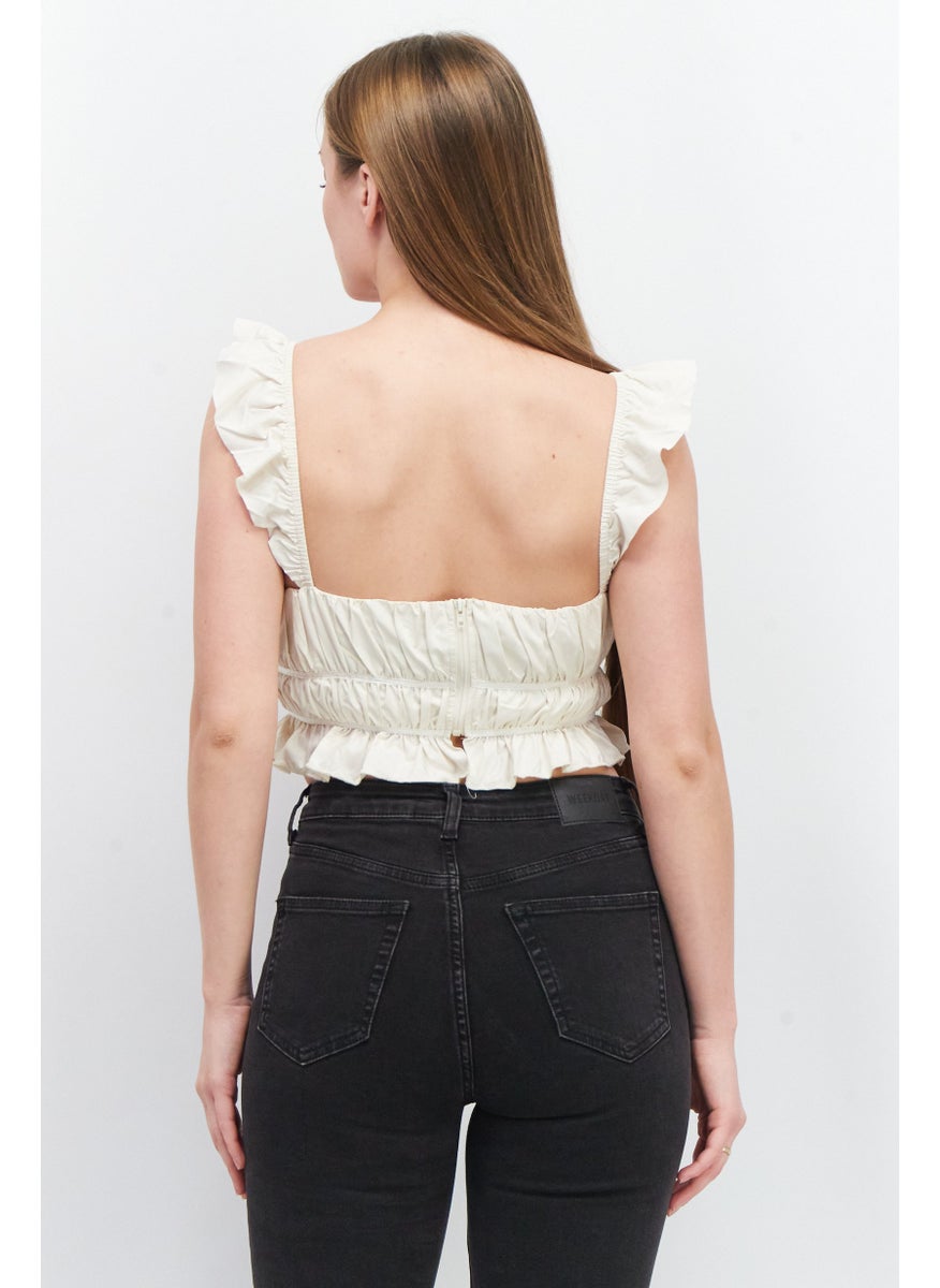 SkyLar Rose Women Square Neck Sleeveless Textured Crop Top, Cream  - Image 4