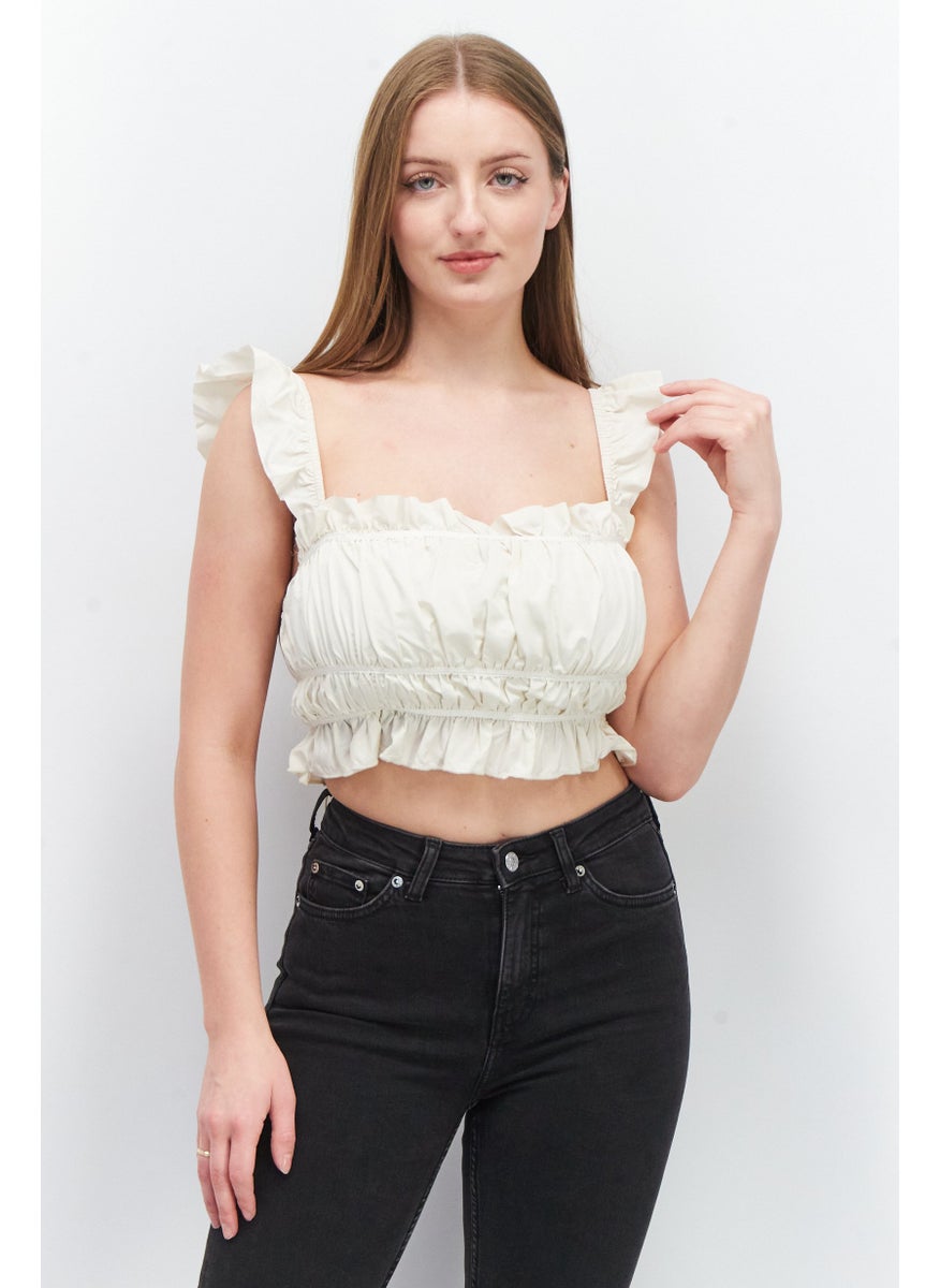 SkyLar Rose Women Square Neck Sleeveless Textured Crop Top, Cream  - Image 1