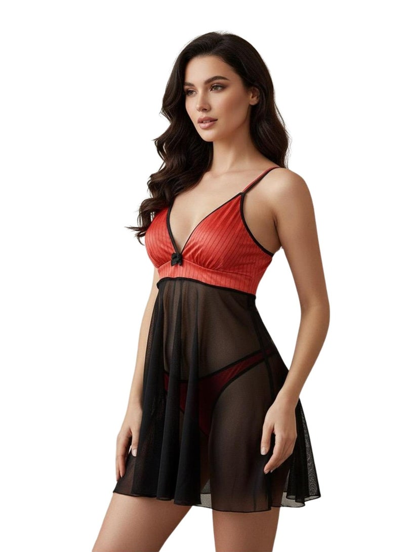 لاسو قميص نوم أنيق بيبي دول، أحمر مرجاني وأسود، شبكي، رقبة على شكل حرف V، حزام رفيع، خصر إمبراطوري، تنورة شفافة، ملابس نوم - Image 1