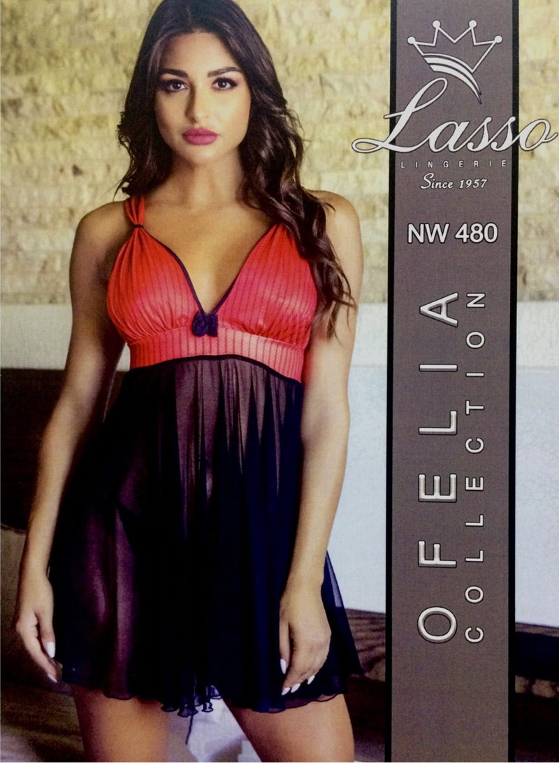 لاسو قميص نوم أنيق بيبي دول، أحمر مرجاني وأسود، شبكي، رقبة على شكل حرف V، حزام رفيع، خصر إمبراطوري، تنورة شفافة، ملابس نوم - Image 2