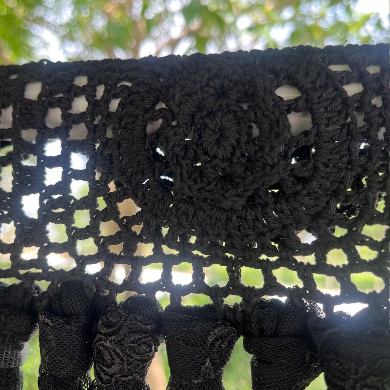 YJ YANJUN Black cafe Curtains 30 inch Length Goth Small Window Curtains Bohomian Handmade Cotton Crochet Lace Ribbon Curtains kitchen Window Curtains Dark Gothy Academia Room Decor 30" L x 40" W 1 Panel - Image 2
