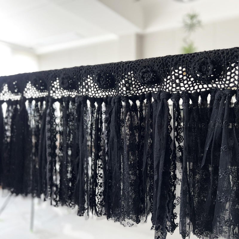 YJ YANJUN Black cafe Curtains 30 inch Length Goth Small Window Curtains Bohomian Handmade Cotton Crochet Lace Ribbon Curtains kitchen Window Curtains Dark Gothy Academia Room Decor 30" L x 40" W 1 Panel - Image 4