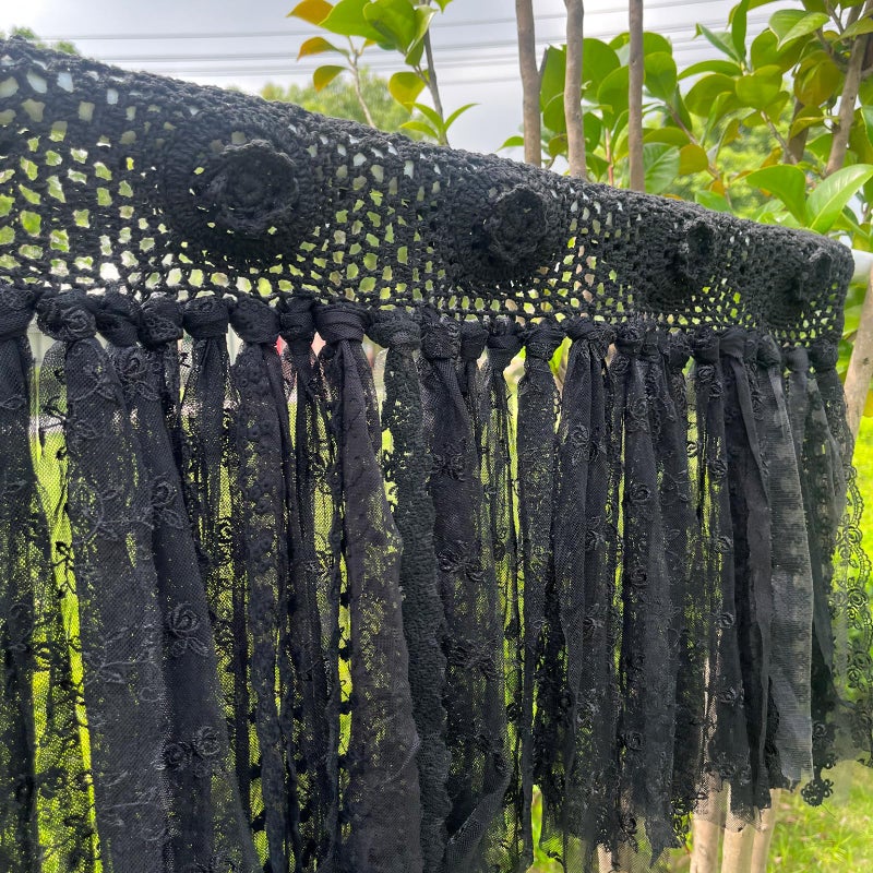 YJ YANJUN Black cafe Curtains 30 inch Length Goth Small Window Curtains Bohomian Handmade Cotton Crochet Lace Ribbon Curtains kitchen Window Curtains Dark Gothy Academia Room Decor 30" L x 40" W 1 Panel - Image 5