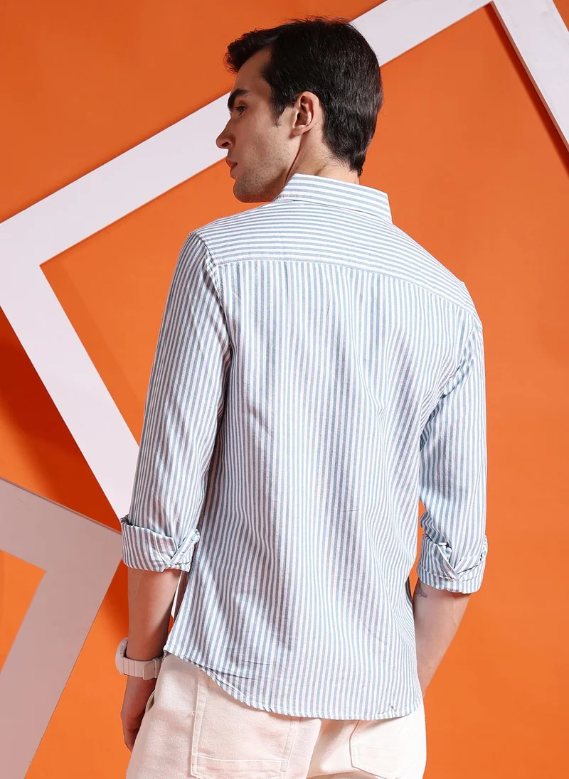 The Indian Garage Co Men Slim Fit Striped Full Sleeves Cutaway Collar Casual Shirt