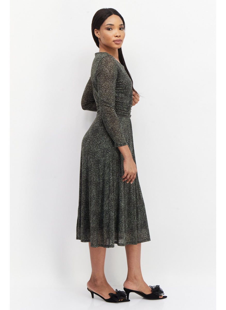 Zero - Women Allover Print Midi Casual Dress, Mix Olive - Image 1