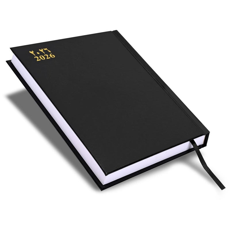 FIS 2026 A5 Agenda Diary, 148x210mm Size, Hard Cover Vinyl, 1 Day a Page with Thursday & Friday Combined, Right to Open, Arabic/English, 60gsm White Paper, Black Cover-FSDI90AER26BK - Image 1
