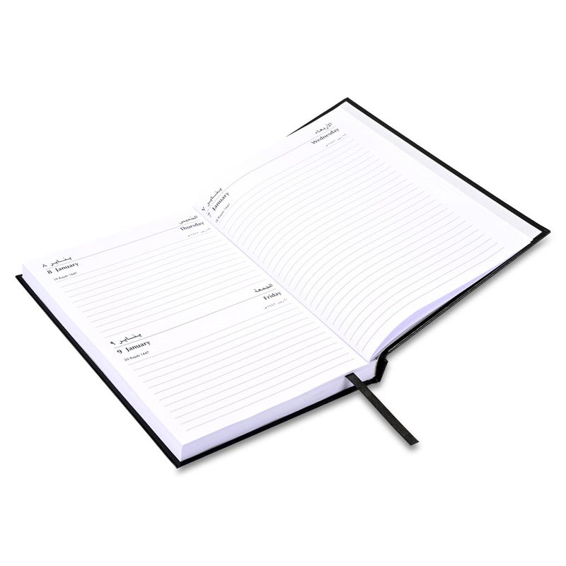 FIS 2026 A5 Agenda Diary, 148x210mm Size, Hard Cover Vinyl, 1 Day a Page with Thursday & Friday Combined, Right to Open, Arabic/English, 60gsm White Paper, Black Cover-FSDI90AER26BK - Image 3