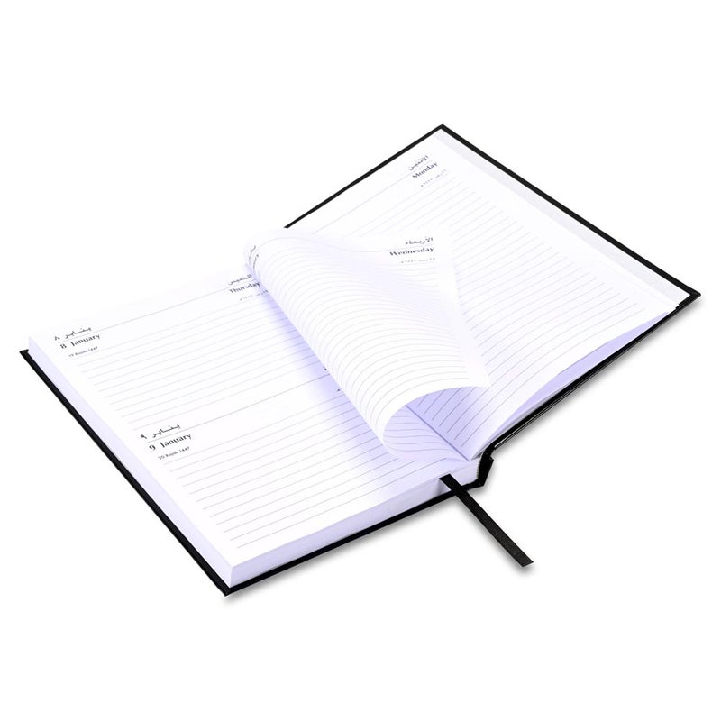 FIS 2026 A5 Agenda Diary, 148x210mm Size, Hard Cover Vinyl, 1 Day a Page with Thursday & Friday Combined, Right to Open, Arabic/English, 60gsm White Paper, Black Cover-FSDI90AER26BK - Image 4