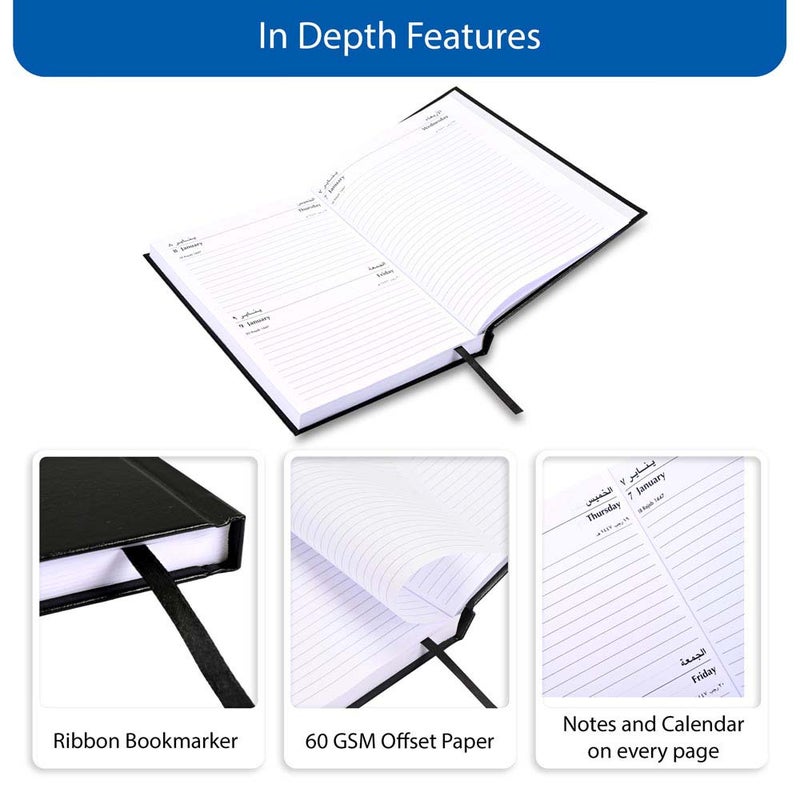 FIS 2026 A5 Agenda Diary, 148x210mm Size, Hard Cover Vinyl, 1 Day a Page with Thursday & Friday Combined, Right to Open, Arabic/English, 60gsm White Paper, Black Cover-FSDI90AER26BK - Image 5