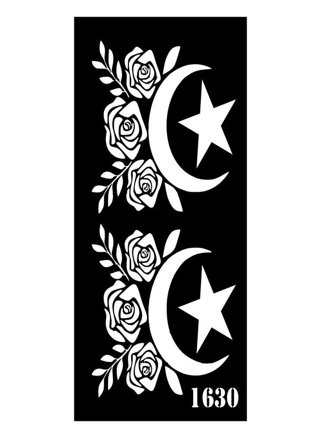 قالب نقش الحناء الأنيق من كومستيك بتصميم القمر والنجمة مع الزهور، مثالي لعيد الفطر. - Image 1