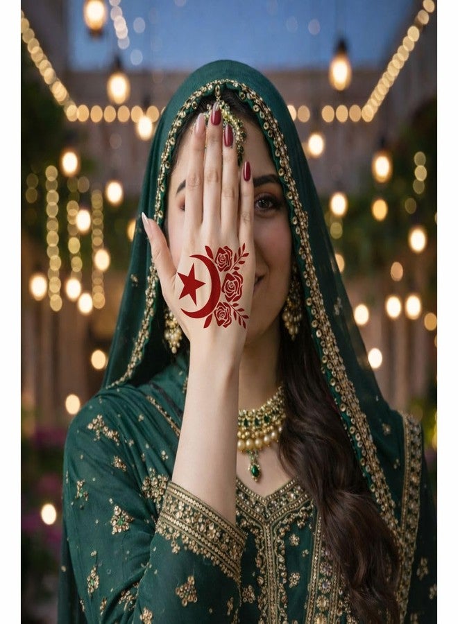 قالب نقش الحناء الأنيق من كومستيك بتصميم القمر والنجمة مع الزهور، مثالي لعيد الفطر. - Image 4