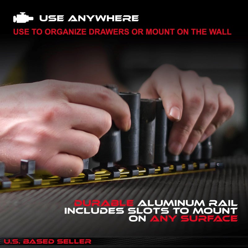 ABN Yellow Aluminum SAE Standard 1/4in Drive Socket Holder â€“ Tool and Socket Organizer Rail with Clips - Image 5