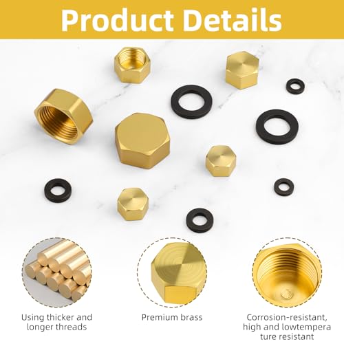Pretwad 6 PCS Brass Pipe Caps with Rubber Gaskets - Hex Compression End Caps for Gas & Water Lines, Brass Nut Gas line Water line Stop Valve Cap Pipes Plug Plumbing Fit for 1/4 3/4 3/8 Inch Pipe Connection - Image 3