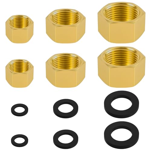 Pretwad 6 PCS Brass Pipe Caps with Rubber Gaskets - Hex Compression End Caps for Gas & Water Lines, Brass Nut Gas line Water line Stop Valve Cap Pipes Plug Plumbing Fit for 1/4 3/4 3/8 Inch Pipe Connection - Image 1