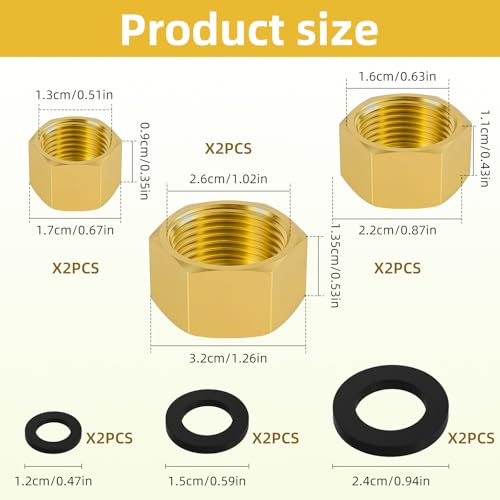 Pretwad 6 PCS Brass Pipe Caps with Rubber Gaskets - Hex Compression End Caps for Gas & Water Lines, Brass Nut Gas line Water line Stop Valve Cap Pipes Plug Plumbing Fit for 1/4 3/4 3/8 Inch Pipe Connection - Image 2