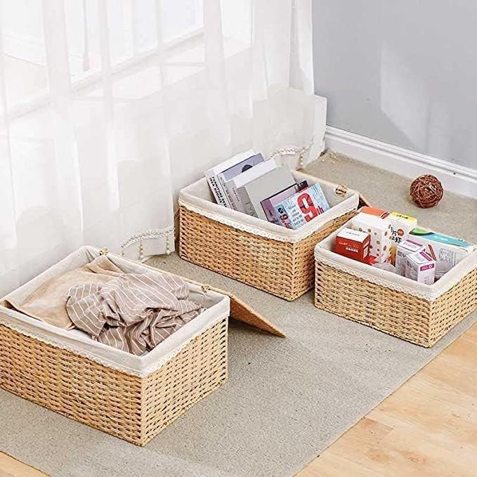 LINGWEI Wicker Baskets with Lids & Liners Set of 3 - Handwoven Paper Rope Storage Bins, Rectangular Decorative Organizer for Snacks, Gifts, Makeup, Toys & Shelves (Beige) - Image 1
