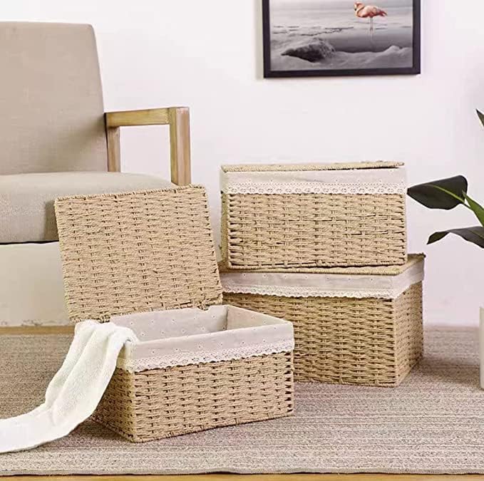 LINGWEI Wicker Baskets with Lids & Liners Set of 3 - Handwoven Paper Rope Storage Bins, Rectangular Decorative Organizer for Snacks, Gifts, Makeup, Toys & Shelves (Beige) - Image 4