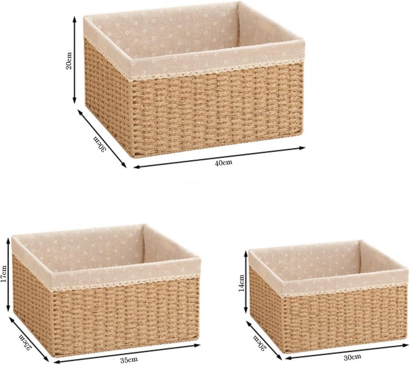 LINGWEI Wicker Baskets with Lids & Liners Set of 3 - Handwoven Paper Rope Storage Bins, Rectangular Decorative Organizer for Snacks, Gifts, Makeup, Toys & Shelves (Beige) - Image 2