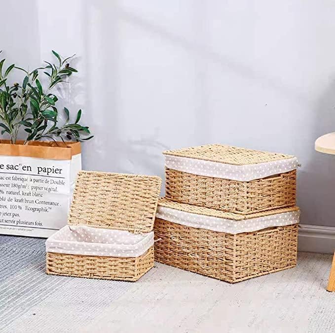 LINGWEI Wicker Baskets with Lids & Liners Set of 3 - Handwoven Paper Rope Storage Bins, Rectangular Decorative Organizer for Snacks, Gifts, Makeup, Toys & Shelves (Beige) - Image 3