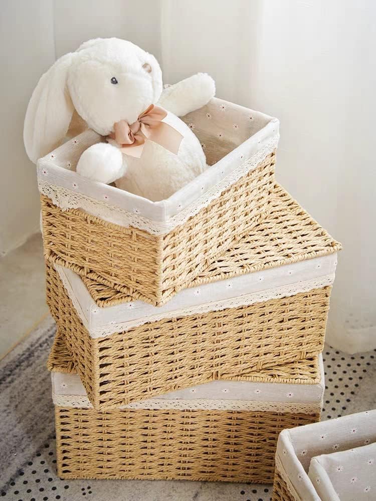 LINGWEI Wicker Baskets with Lids & Liners Set of 3 - Handwoven Paper Rope Storage Bins, Rectangular Decorative Organizer for Snacks, Gifts, Makeup, Toys & Shelves (Beige) - Image 5
