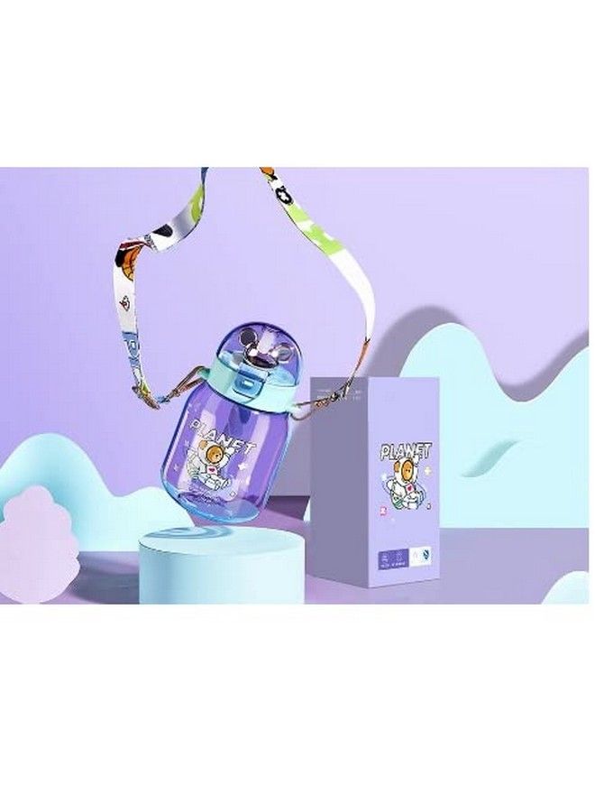 TEMSON زجاجة ماء مدرسية للأطفال زجاجة ماء تريتان مع قشة وحزام قابل للتعديل للأطفال زجاجة ماء بتصميم كرتوني لطيف للأولاد والبنات (600 مل) (بنفسجي)(Abl 1035) - Image 1