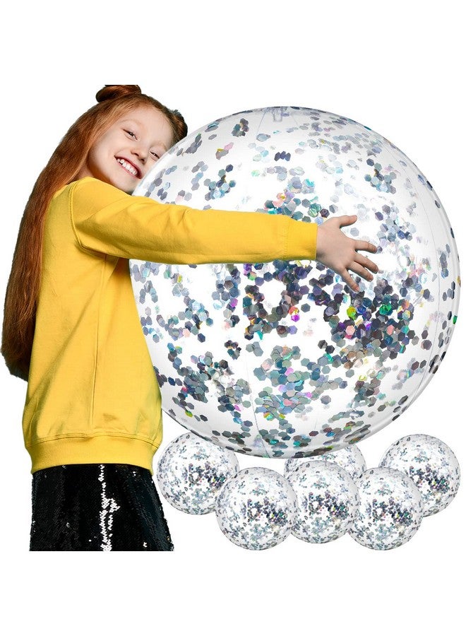 Civaner 6 Pieces Inflatable Beach Ball Swimming Pool Balls 24 Inches Bouncy Glitter Jelly Ball Confetti Beach Ball Glitter Beach Ball Floating Confetti Ball For Summer Beach Pool Party Favor (Silver) - Image 1