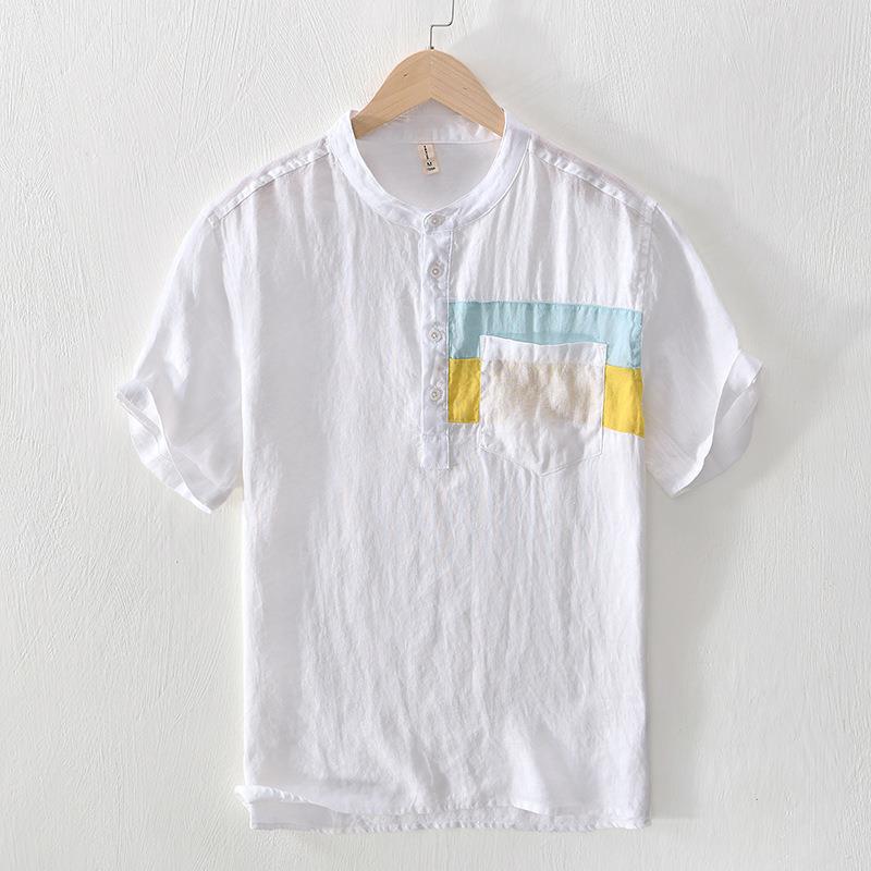 L547 breathable T-shirt men's linen artistic youth color matching short sleeve T-shirt men (inventory shall prevail) - Image 1