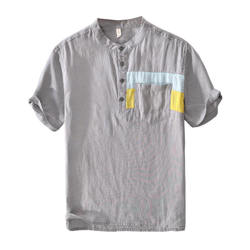 L547 breathable T-shirt men's linen artistic youth color matching short sleeve T-shirt men (inventory shall prevail) - Image 5