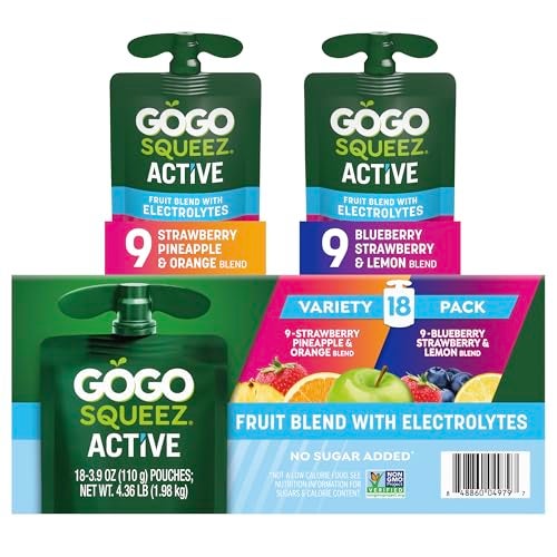 GoGo squeeZ Active Fruit Blend with Electrolytes | 18-Count Variety Pack | Blueberry Strawberry Lemon & Strawberry Pineapple Orange | Made with Real Fruit and Antioxidants Vitamin A, E, & C​ - Image 1