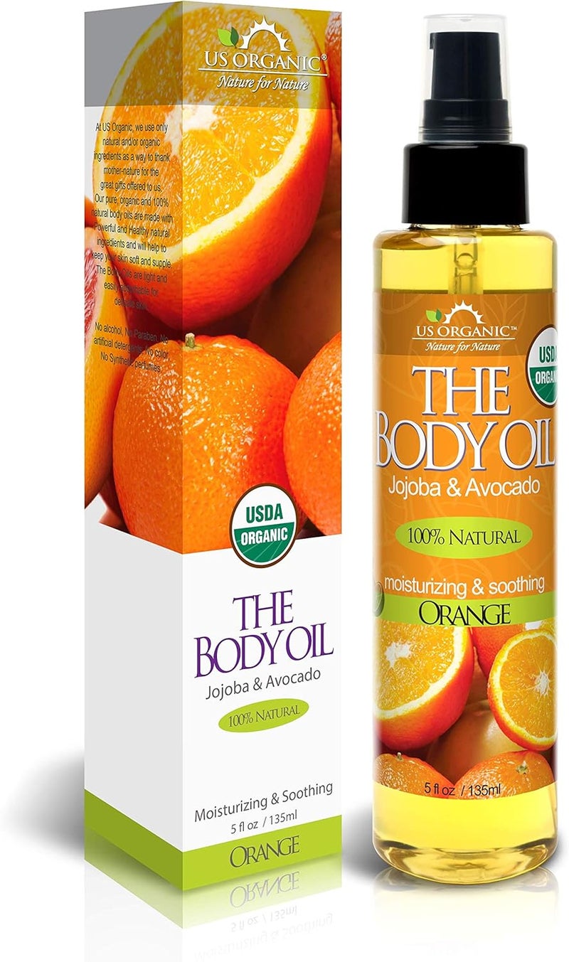 US Organic Body Oil  Fresh Orange  Jojoba and Avocado Oil with Vitamin E USDA Certified Organic No Alcohol Paraben Artificial Detergents Color or Synthetic perfumes 5 Floz Orange