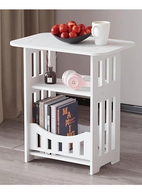 Narrow Bedside Table with Drawers White Bedside Small Slim Nightstand & Magazine Rack Cute & Stylish Compact Side Table for Bedroom Furniture for Small Spaces
