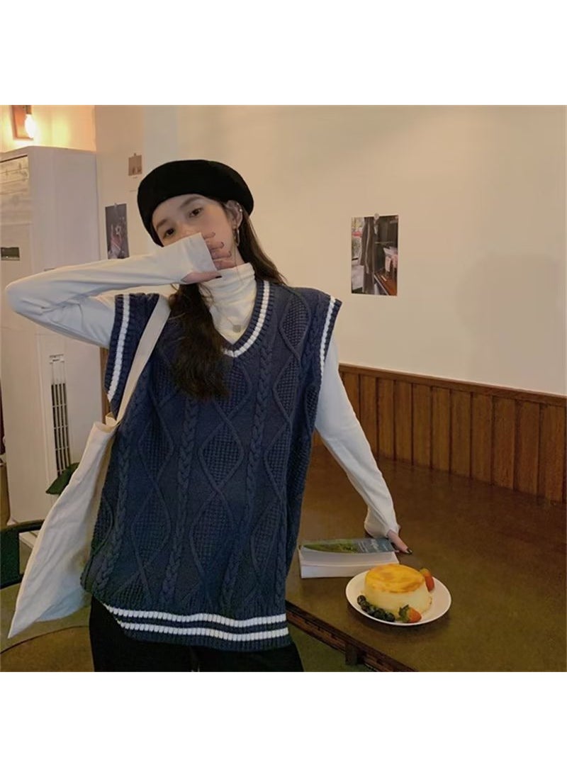 Generic - Soft Milk College Style Knitted Vest Loose Womens Sweater Autumn Winter Casual Wear Comfortable No-Waist Design V-Neck Navy blue - Image 1