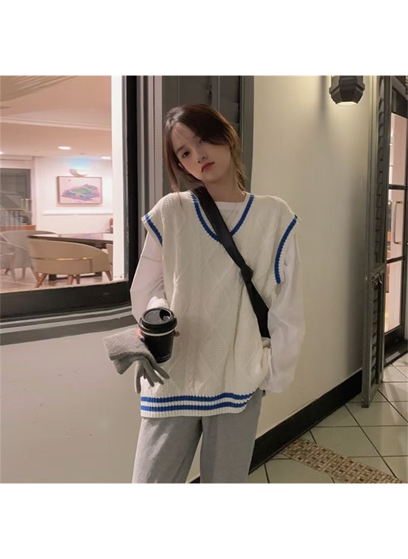 Generic - Soft Milk College Style Knitted Vest Loose Womens Sweater Autumn Winter Casual Wear Comfortable No-Waist Design V-Neck Navy blue - Image 1
