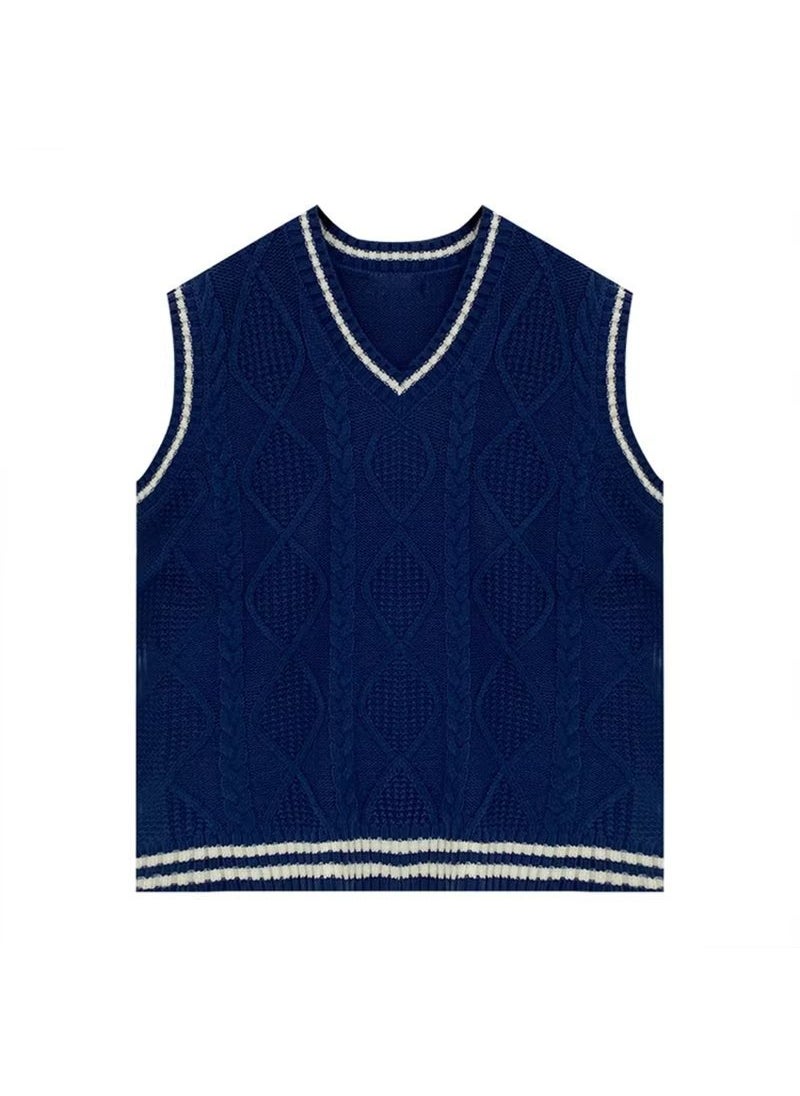 Generic - Soft Milk College Style Knitted Vest Loose Womens Sweater Autumn Winter Casual Wear Comfortable No-Waist Design V-Neck Navy blue - Image 1