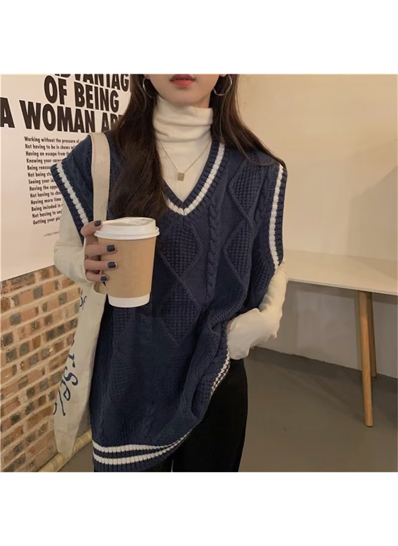 Generic - Soft Milk College Style Knitted Vest Loose Womens Sweater Autumn Winter Casual Wear Comfortable No-Waist Design V-Neck Navy blue - Image 1
