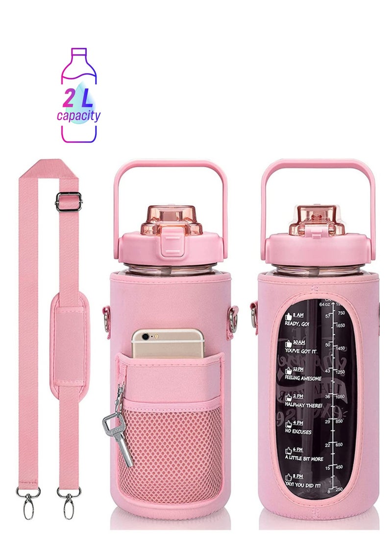 SOLARAE Half Gallon Water Bottle with Storage Sleeve, 2L Motivational Water Bottle with Straw & Time Strap, BPA Free Leakproof Large - Image 1